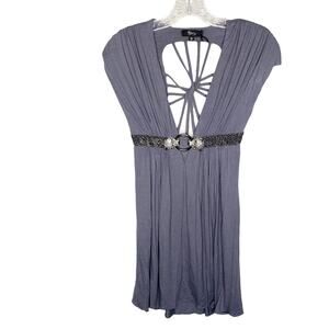 Sky Dress Women's Size S Gray Jaguar Rhinestone Belted Cap Sleeve Mini Cocktail